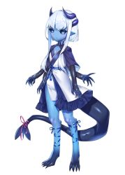 Rule 34 | 1girl, animal feet, barefoot, black sclera, blue capelet, blue dress, blue eyes, blue horns, blue ribbon, blue skin, blue tail, capelet, claws, closed mouth, colored sclera, colored skin, digitigrade, dress, extra arms, fins, fish tail, frilled dress, frills, full body, horns, lifted by tail, long sleeves, looking at viewer, monster girl, original, pink pupils, pink ribbon, pointy ears, ribbon, rtsusk09, short dress, short hair with long locks, sidelocks, simple background, solo, standing, tail, tail ornament, tail ribbon, white background, white dress, white hair