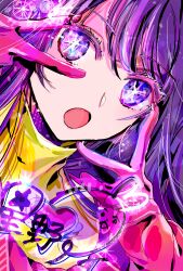 Rule 34 | 1girl, absurdres, brooch, character signature, commentary, double v, dress, dutch angle, gloves, hair between eyes, heart, heart brooch, highres, hoshino ai (oshi no ko), idol, idol clothes, jewelry, long hair, looking at viewer, mizuame (shuwashuwa073), open mouth, oshi no ko, pink gloves, purple eyes, purple hair, shadow, solo, sparkle, star-shaped pupils, star (symbol), symbol-only commentary, symbol-shaped pupils, turtleneck, turtleneck dress, upper body, v