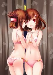 Rule 34 | 2girls, ass, ayatsuri-doll, bra, brown eyes, brown hair, cameltoe, commentary request, curtains, face-to-face, fang, flat chest, folded ponytail, hair ornament, hairclip, holding hands, highres, ikazuchi (kancolle), inazuma (kancolle), kantai collection, long hair, moon, multiple girls, navel, night, open mouth, panties, pink bra, pink panties, red eyes, short hair, smile, underwear, underwear only