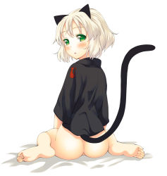 Rule 34 | 1girl, akino sora, animal ears, ass, barefoot, bed sheet, blush, bottomless, feet, green eyes, looking back, sanya v. litvyak, short hair, silver hair, sitting, soles, solo, strike witches, tail, toes, wariza, world witches series