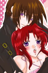 Rule 34 | 00s, 1boy, 1girl, :o, bare shoulders, blush, brown hair, close-up, collarbone, couple, flay allster, gundam, gundam seed, hair between eyes, halterneck, kira yamato, looking at viewer, open mouth, purple eyes, red hair
