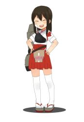 Rule 34 | 1girl, aged down, akagi (kancolle), annin musou, bad id, bad twitter id, bandaid, bandaid on face, black hair, commentary request, full body, geta, hakama, hakama short skirt, hakama skirt, hands in pockets, japanese clothes, kantai collection, long hair, muneate, open mouth, red hakama, round teeth, sandals, simple background, skirt, smile, solo, standing, straight hair, tasuki, teeth, thighhighs, upper teeth only, white background, white thighhighs
