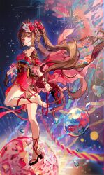 Rule 34 | 1girl, absurdres, bare shoulders, bell, black gloves, brown hair, bubble, commentary, detached sleeves, dress, fireworks, fox mask, full body, gloves, grin, highres, holding shoe, honkai: star rail, honkai (series), huajiuhuajiu50074, long hair, looking at viewer, mask, mask on head, mole, mole on shoulder, nail polish, neck bell, red dress, red eyes, red nails, red sleeves, shoes, single barefoot, single glove, smile, solo, sparkle (honkai: star rail), strapless, strapless dress, symbol-only commentary, tassel, toenail polish, toenails, twintails, unworn shoes, very long hair