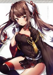 Rule 34 | 1girl, absurdres, azur lane, belt, blush, breasts, brown hair, collarbone, floral print, flower, gloves, hand up, haruna (azur lane), highres, jacket, jacket on shoulders, long hair, looking at viewer, medium breasts, open mouth, red eyes, riichu, scan, shadow, shiny skin, simple background, single thighhigh, skirt, solo, thighhighs, thighs, twintails, uniform, white background, white gloves