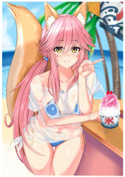 Rule 34 | 1girl, animal ear fluff, animal ears, bikini, blue bikini, blue sky, blurry, blurry background, blush, breasts, brown eyes, cherry, clenched hand, collarbone, counter, day, fate/grand order, fate (series), food, fox ears, fox tail, fruit, hair bobbles, hair ornament, highres, long hair, medium breasts, muka tsuku, ocean, outdoors, palm tree, pink hair, see-through, shaved ice, side-tie bikini bottom, sky, smile, solo, standing, swimsuit, tail, tamamo (fate), tamamo no mae (fate/extra), tamamo no mae (swimsuit lancer) (fate), tamamo no mae (swimsuit lancer) (second ascension) (fate), tree, wet, wet clothes