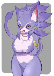 Rule 34 | 1girl, alternate form, animal ears, armlet, black sclera, bracelet, breasts, cat ears, cat girl, cat tail, claws, colored sclera, earrings, fangs, furry, isabella (seiken densetsu 3), jewelry, large breasts, necklace, no nipples, no pussy, open mouth, purple fur, purple hair, red eyes, seiken densetsu, seiken densetsu 3, slit pupils, tail, tongue, tongue out