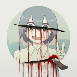 Rule 34 | 1boy, absurdres, avogado6, black eyes, blood, blood on face, bloody knife, blue eyes, commentary, hair between eyes, half-closed eyes, highres, knife, looking at viewer, male focus, open mouth, original, portrait, shirt, simple background, solo, upper body, v, white shirt