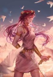 Rule 34 | 1girl, armlet, bird, blue eyes, bracer, choker, closed mouth, cloud, collarbone, commentary request, cowboy shot, dress, dusk, earrings, head wreath, highres, holding, holding sword, holding weapon, jewelry, long hair, original, outdoors, pink hair, ponytail, red lips, sleeveless, sleeveless dress, solo, sunset, sword, thighlet, weapon, white dress, yuli (yulipo)
