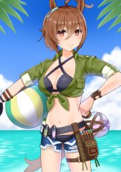 Rule 34 | 1girl, absurdres, agnes tachyon (lunatic lab) (umamusume), agnes tachyon (umamusume), ahoge, animal ears, ball, beachball, bikini, black bikini, blue sky, breasts, closed mouth, cloud, cloudy sky, commentary request, criss-cross halter, denim, denim shorts, ear ornament, fingerless gloves, gloves, green jacket, hair between eyes, halterneck, hand on own hip, highres, horse ears, horse girl, horse tail, jacket, kii-kun (agnes tachyon) (umamusume), medium breasts, navel, ocean, outdoors, red eyes, short hair, shorts, single glove, sky, sleeves rolled up, smile, solo, swimsuit, tail, tawashi hechima, thigh strap, tied jacket, umamusume, water