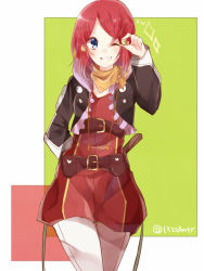 Rule 34 | 10s, 1girl, belt, blue eyes, blush, breasts, clenched teeth, dagger, frills, grin, hair ornament, hair tubes, heart, jacket, knife, one eye closed, open mouth, pants, red hair, rose (tales), scarf, short hair, smile, tales of (series), tales of zestiria, teeth, weapon, wink