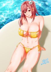 Rule 34 | 1girl, bad id, bad pixiv id, bare shoulders, bikini, breasts, brown eyes, brown hair, cleavage, dead or alive, dead or alive 5, eyepatch bikini, highres, honoka (doa), k.ty (amejin), large breasts, long hair, looking at viewer, navel, parted lips, red eyes, red hair, sitting, smile, solo, swimsuit