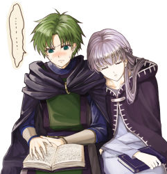 Rule 34 | ..., 1boy, 1girl, black coat, blush, book, closed eyes, closed mouth, coat, couple, delsaber, dress, fire emblem, fire emblem: the binding blade, green eyes, green hair, grey dress, hair intakes, hair over shoulder, long hair, long sleeves, nintendo, open book, parted lips, raigh (fire emblem), reading, silver hair, simple background, sitting, sleeping, sleeping on person, sleeping upright, sophia (fire emblem), sweatdrop, thought bubble, white background