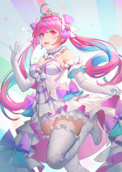Rule 34 | 1girl, :d, absurdres, ahoge, blue hair, bow, breasts, choker, cleavage, diadem, dress, earrings, elbow gloves, floating hair, frilled thighhighs, frills, gloves, hair bow, highres, hololive, jewelry, layered dress, long hair, medium breasts, minato aqua, minato aqua (aqua iro super dream), multicolored hair, open mouth, pink bow, pink eyes, pink hair, pleated dress, q18607, short dress, sleeveless, sleeveless dress, smile, solo, standing, standing on one leg, strapless, strapless dress, thighhighs, twintails, two-tone hair, very long hair, virtual youtuber, white choker, white dress, white gloves, white thighhighs, zettai ryouiki