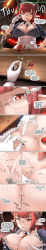 Rule 34 | 1boy, 1girl, absurdres, adjusting eyewear, between breasts, blood, breasts, cape, club (weapon), demon girl, demon tail, demon wings, english text, giant, giantess, glasses, hard-translated, highres, horns, long image, maid, person between breasts, pointy ears, red eyes, red hair, sigh, sword, tail, tall image, terada ochiko, third-party edit, weapon, wings