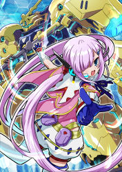 Rule 34 | 1girl, blue background, blue eyes, blue gloves, blunt bangs, commentary request, gloves, hair ornament, hair over one eye, hairclip, highres, holding, holding weapon, hoshi to tsubasa no paradox, index finger raised, kingin, long hair, looking at viewer, mecha, open mouth, outstretched arms, pink hair, puffy shorts, robot, shirley (hoshi to tsubasa no paradox), shorts, smile, spread arms, thighhighs, twintails, very long hair, weapon, white thighhighs