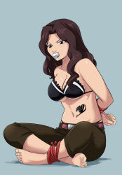 Rule 34 | 1girl, arms behind back, barefoot, bdsm, belly, bondage, bound, bound ankles, bound wrists, bra, breasts, brown eyes, brown hair, cana alberona, cleavage, cloth gag, collarbone, fairy tail, gag, gagged, highres, improvised gag, long hair, lost one zero, midriff, navel, rope, tattoo, underwear