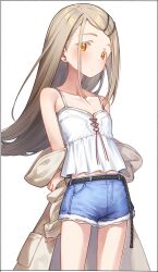 Rule 34 | 1girl, absurdres, bare shoulders, blonde hair, blush, breasts, camisole, coat, collarbone, denim, denim shorts, gakuen idolmaster, hair ornament, hairclip, highres, idolmaster, kei (soundcross), long hair, long sleeves, looking at viewer, off shoulder, shinosawa hiro, shorts, small breasts, solo, white camisole, yellow eyes