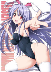 Rule 34 | 1girl, animal ears, bare arms, bare shoulders, black footwear, black leotard, breasts, character name, double finger gun, finger gun, floating hair, high heels, highres, leotard, long hair, looking at viewer, medium breasts, nori tamago, on one knee, open mouth, playboy bunny, purple hair, rabbit ears, rabbit girl, rabbit tail, red eyes, reisen udongein inaba, shoes, smile, solo, tail, thighhighs, touhou, white background, white thighhighs