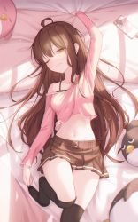 Rule 34 | 1girl, ;(, absurdres, ahoge, arm up, bare shoulders, bed sheet, black bra, black thighhighs, bra, bra peek, breasts, brown hair, brown skirt, cellphone, closed mouth, crop top, day, from above, highres, indoors, knee up, long hair, long sleeves, looking at viewer, lying, miniskirt, navel, off shoulder, on back, on bed, original, peng kun, phone, pillow, plaid, plaid skirt, pleated skirt, pulled by self, skirt, small breasts, smartphone, smirk, solo, stomach, straight hair, stuffed animal, stuffed penguin, stuffed toy, thigh gap, thighhighs, thighhighs pull, underwear, undressing, very long hair, window shadow, yellow eyes
