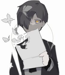 Rule 34 | 1boy, broken, bug, butterfly, coat, expressionless, greyscale, hand up, highres, holding, holding paper, insect, library of ruina, looking at viewer, madotsuki ren, monochrome, paper, project moon, serious, simple background, solo, spot color, yellow eyes, yesod (project moon)