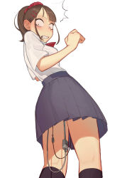 Rule 34 | 1girl, android, blue skirt, blush, cable, clenched teeth, embarrassed, facing away, female focus, from behind, highres, looking back, meikaa, original, pleated skirt, ponytail, red scrunchie, scrunchie, shirt, simple background, skirt, solo, surprised, teeth, white background, white shirt, wire