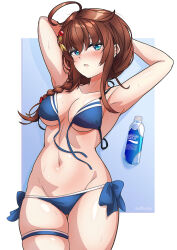 Rule 34 | 1girl, ahoge, armpits, arms behind head, arthur ko, bikini, blue background, blue bikini, blue eyes, blush, bottle, braid, brand name imitation, breasts, brown hair, collarbone, front-tie bikini top, front-tie top, gluteal fold, groin, hair flaps, hair over shoulder, highres, kantai collection, long hair, looking at viewer, medium breasts, navel, official alternate costume, open mouth, paid reward available, pocari sweat, shigure (kancolle), shigure kai san (kancolle), single braid, solo, swimsuit, thigh strap, twitter username, two-tone background, untied bikini, water bottle, white background
