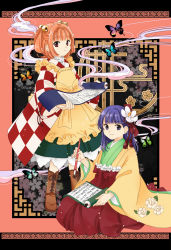 Rule 34 | 2girls, apron, bell, boots, brown footwear, bug, butterfly, calligraphy brush, checkered clothes, checkered kimono, clothes writing, floral print, flower, full body, hair bell, hair flower, hair ornament, hieda no akyuu, highres, insect, japanese clothes, jingle bell, kimono, koma midori, light smile, looking at viewer, motoori kosuzu, multiple girls, orange hair, paintbrush, parted lips, purple eyes, purple hair, red eyes, scroll, short hair, skirt, touhou, wide sleeves, yellow apron
