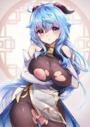 Rule 34 | 1girl, ahoge, arm under breasts, bare shoulders, bell, black gloves, black legwear, blue hair, blush, bodystocking, bodysuit, breasts, censored, covered erect nipples, detached sleeves, embarrassed, ganyu (genshin impact), genshin impact, gloves, gold trim, heart, heart censor, highres, horns, large breasts, long hair, looking at viewer, neck bell, nipples, paid reward available, pelvic curtain, purple eyes, sidelocks, solo, standing, thighs, torn clothes, torn legwear, umou (may65879), very long hair, white sleeves