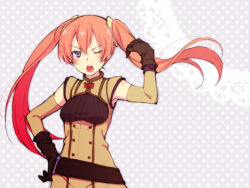 Rule 34 | 1girl, blue eyes, blush, bow, brown gloves, fire emblem, fire emblem awakening, framed breasts, gloves, hair between eyes, hair flip, hand on own hip, long hair, looking at viewer, nintendo, okayu-k, one eye closed, open mouth, red bow, red hair, ribbed sweater, severa (fire emblem), simple background, solo, sweater, twintails, upper body