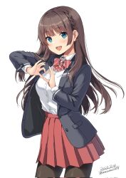 Rule 34 | 1girl, artist name, black pantyhose, blazer, blue eyes, blue jacket, blush, bow, bowtie, braid, breasts, brown hair, collared shirt, cowboy shot, dated, dress shirt, heart, heart hands, highres, jacket, long hair, looking at viewer, maki makishima (makimaki), medium breasts, open clothes, open jacket, open mouth, original, pantyhose, pleated skirt, red bow, red bowtie, red skirt, school uniform, shirt, sidelocks, simple background, skirt, smile, solo, striped bow, striped bowtie, striped clothes, teeth, unasaka ryou, upper teeth only, white background, white shirt