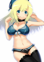 Rule 34 | 10s, 1girl, adapted costume, atago (kancolle), bad id, bad pixiv id, black panties, blonde hair, blue eyes, breasts, front-tie top, hat, kantai collection, large breasts, long hair, mocchisake, panties, simple background, smile, solo, thighhighs, underwear