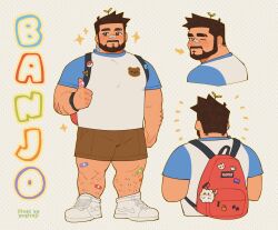 Rule 34 | 1boy, absurdres, animal print, arrow (symbol), backpack, bag, bandaid, bandaid on face, bandaid on nose, banjo (badge ao), bara, bear print, beard, bisexual flag, bisexual male, blush, brown hair, brown shorts, character name, character request, character sheet, coffee cup, coffee cup print, creatures (company), cup, dark-skinned male, dark skin, disposable cup, dumbbell print, eyebrow cut, facial hair, fat, fat man, from behind, full beard, full body, game freak, happy aura, highres, lgbt pride, looking at viewer, male focus, multiple views, mustache, nintendo, one eye closed, orange print, original, pectorals, plant on head, poke ball print, pokemon, second-party source, shoes, short hair, short shorts, shorts, sneakers, sparkling aura, sparse arm hair, sparse leg hair, standing, thick eyebrows, thumbs up, too many bandaids, too many stickers, yogireji