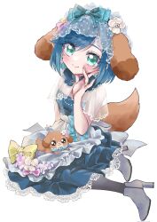 Rule 34 | 1girl, animal ears, apron, aqua eyes, blue dress, blue hair, blush, bow, commentary, delicious party precure, dog ears, dog girl, dog tail, dress, duko, fuwa kokone, high heels, highres, pam-pam (precure), precure, see-through, see-through sleeves, short hair, smile, solo, tail, white background