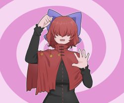 Rule 34 | 1girl, black shirt, blue bow, bow, cape, cloak, coin, coin on string, commentary, commission, english commentary, hair bow, hair over eyes, highres, holed coin, hypnosis, long sleeves, looking at viewer, mata (matasoup), mind control, open mouth, pendulum, red cape, red cloak, red hair, sekibanki, shirt, short hair, solo, spiral background, touhou, upper body