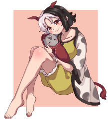 Rule 34 | 1girl, animal ears, animal print, barefoot, black hair, commentary request, cow ears, cow girl, cow horns, cow print, cow tail, crop top, frilled shorts, frills, grey hair, haori, highres, horns, japanese clothes, multicolored hair, one-hour drawing challenge, red horns, red tail, renshirenji, shorts, split-color hair, statue, tail, tank top, touhou, two-tone hair, ushizaki urumi, yellow shorts, yellow tank top