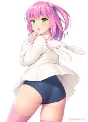 Rule 34 | 1girl, ass, blue one-piece swimsuit, blush, from behind, green eyes, long sleeves, looking at viewer, looking back, medium hair, one-piece swimsuit, original, parted lips, pink background, pink hair, sailor collar, sasaame, shirt, simple background, solo, swimsuit, swimsuit under clothes, thighhighs, twitter username, two side up, white background, white sailor collar, white shirt