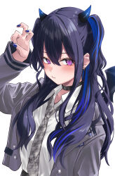 Rule 34 | 1girl, absurdres, belt, belt collar, bent v, black belt, black hair, blue hair, blue nails, blush, closed mouth, collared shirt, commentary request, demon girl, demon horns, demon wings, earrings, grey jacket, grey necktie, hair between eyes, hand up, highres, horns, ichinose uruha, jacket, jewelry, long hair, long sleeves, looking at viewer, multicolored hair, nail polish, necktie, nisi ki no, open clothes, open jacket, pout, purple eyes, shirt, sidelocks, simple background, solo, streaked hair, two side up, upper body, virtual youtuber, vspo!, white background, white shirt, wings