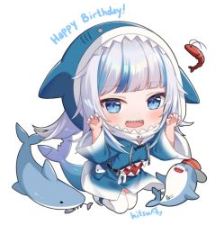 Rule 34 | 1girl, :d, animal, animal hood, bloop (gawr gura), blue eyes, blue hair, blue hoodie, chibi, claw pose, commentary, drawstring, english commentary, fins, fish skeleton, fish tail, full body, gawr gura, gawr gura (1st costume), hands up, happy birthday, hitsukuya, hololive, hololive english, hood, hood up, hoodie, long sleeves, multicolored hair, open mouth, shark hood, shark tail, sharp teeth, shoes, shrimp, silver hair, simple background, smile, streaked hair, tail, teeth, thighhighs, virtual youtuber, white background, white footwear, white thighhighs, wide sleeves