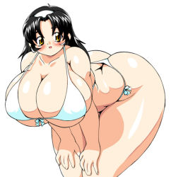 Rule 34 | 1girl, ass, bent over, bikini, black hair, blush, breasts, cleavage, curvy, hairband, huge ass, huge breasts, maruke, non-web source, plump, simple background, solo, swimsuit, thick thighs, thighs, white background, yellow eyes