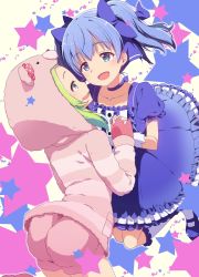 Rule 34 | 2girls, :d, blue eyes, blue hair, commentary request, eye contact, gloves, green eyes, green hair, holding hands, hood, interlocked fingers, looking at another, morinaka kazaki, multiple girls, natsumi akira, nijisanji, open mouth, puffy short sleeves, puffy sleeves, short sleeves, smile, star (symbol), starry background, twintails, virtual youtuber, white gloves, yuuki chihiro, yuuki chihiro (1st costume)