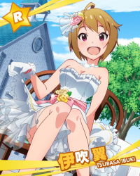 Rule 34 | 10s, 1girl, :d, ahoge, blush, breasts, brown hair, character name, cleavage, dress, flower, flower on head, gloves, hair flower, hair ornament, ibuki tsubasa, idolmaster, idolmaster million live!, jewelry, looking at viewer, messy hair, necklace, off shoulder, official art, open mouth, pink eyes, short hair, smile, solo, wedding dress