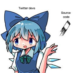 Rule 34 | 1girl, blue bow, blue eyes, blue hair, blue vest, bow, cirno, collared shirt, commentary, english text, green ribbon, hair bow, hand up, ice, ice wings, kasuya baian, neck ribbon, open mouth, puffy short sleeves, puffy sleeves, ribbon, shirt, short hair, short sleeves, sidelocks, simple background, solo, throwing, touhou, twitter, upper body, vest, white background, white shirt, wings