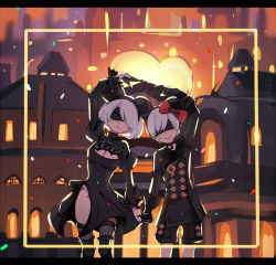 Rule 34 | 1boy, 1girl, animal ears, backlighting, black thighhighs, blindfold, blush, bob cut, breasts, cleavage, cleavage cutout, clothing cutout, couple, covered eyes, dawn church, disney, dress, fake animal ears, feather-trimmed sleeves, frown, headband, hetero, holding hands, leaning to the side, letterboxed, looking at viewer, mole, mole under mouth, mouse ears, nier:automata, nier (series), night, outdoors, photo (object), short hair, standing, sweat, swept bangs, thighhighs, white hair, 2b (nier:automata), 9s (nier:automata)