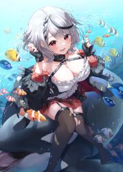 Rule 34 | 1girl, absurdres, animal hood, black collar, black hair, bow, breasts, camisole, cleavage, clownfish, collar, fingerless gloves, fish, frilled camisole, frills, garter straps, gloves, grey hair, hair ornament, heart collar, heart pendant, highres, hololive, hood, large breasts, looking at viewer, medium hair, multicolored hair, open mouth, orca hood, plaid, plaid bow, plaid skirt, red eyes, sakamata chloe, sitting, skirt, smile, streaked hair, submerged, surgeonfish, thighhighs, tropical fish, tyabesu, underwater, virtual youtuber, water, white camisole, x hair ornament