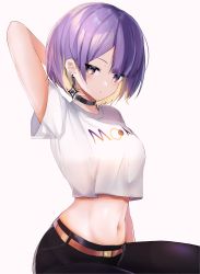 Rule 34 | 1girl, absurdres, arm behind head, arm up, black choker, black pants, blonde hair, breasts, choker, colored inner hair, commentary, crop top, earrings, highres, hololive, hololive indonesia, jewelry, looking at viewer, maru ccy, moona hoshinova, moona hoshinova (casual), multicolored hair, navel, pants, purple eyes, purple hair, shirt, short hair, short sleeves, simple background, sitting, solo, stomach, virtual youtuber, white background, white shirt