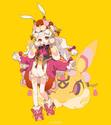Rule 34 | 1girl, absurdres, animal ears, black capelet, blunt ends, bow, bowtie, buttons, capelet, chinese commentary, chinese zodiac, collared capelet, commentary request, extra ears, eyelashes, floppy ears, footwear bow, full body, hair bow, hair ornament, highres, jacket, leg tattoo, long sleeves, looking at viewer, multiple hair bows, open clothes, open jacket, original, pink bow, pink footwear, pink jacket, pom pom (clothes), pom pom hair ornament, rabbit, rabbit ears, rabbit tattoo, red bow, red bowtie, red eyes, shorts, sleeves past wrists, socks, solo, tassel, tattoo, watermark, weibo logo, weibo watermark, white hair, white shorts, white socks, wo jiji, year of the rabbit, yellow background, yellow bow