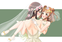Rule 34 | 2girls, bare back, bare shoulders, beatrice (princess principal), blush, bridal veil, brown eyes, brown hair, carrying, dorothy (princess principal), dress, flower, green background, hair flower, hair ornament, looking at another, monta, multiple girls, open mouth, princess carry, princess principal, purple eyes, simple background, smile, veil, wedding dress, white background, yuri