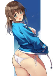 Rule 34 | 1girl, amamiya natsumi, ass, bikini, bikini under clothes, blush, breasts, brown hair, from behind, green eyes, hair between eyes, hands in pockets, highres, jacket, kekemotsu, large breasts, long hair, long sleeves, looking at viewer, looking back, open clothes, open jacket, open mouth, original, side-tie bikini bottom, smile, solo, swimsuit, swimsuit under clothes, thighs, track jacket, white bikini
