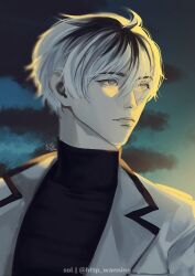Rule 34 | 1boy, absurdres, artist name, black hair, black shirt, closed mouth, cloud, grey hair, hair between eyes, highres, jacket, looking to the side, male focus, open clothes, open jacket, sasaki haise, shirt, short hair, sol (http wanning), solo, tokyo ghoul, tokyo ghoul:re