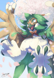 Rule 34 | absurdres, animal focus, bird, blue sky, cherry blossoms, commentary request, creatures (company), decidueye, falling petals, from below, game freak, gen 7 pokemon, highres, nintendo, no humans, open mouth, orange eyes, outdoors, owl, petals, pokemon, pokemon (creature), signature, sky, talons, tanpakuroom, white fur, wings